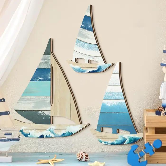 1 ensemble de décorations murales en bois en forme de voilier bleu style océan 2D, décoration murale