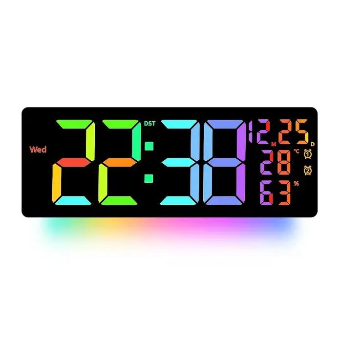 Grande horloge murale numérique 17 pouces, 11 couleurs, affichage et dynamique des horloges LED RGB,