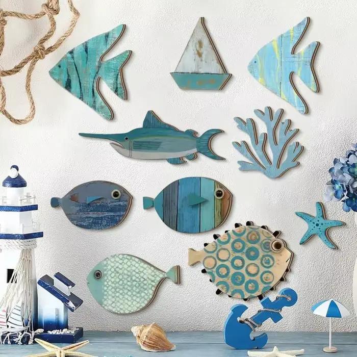 Décoration murale de poisson en bois suspendue, thème de plage, salle de bain, Art nautique, océan c