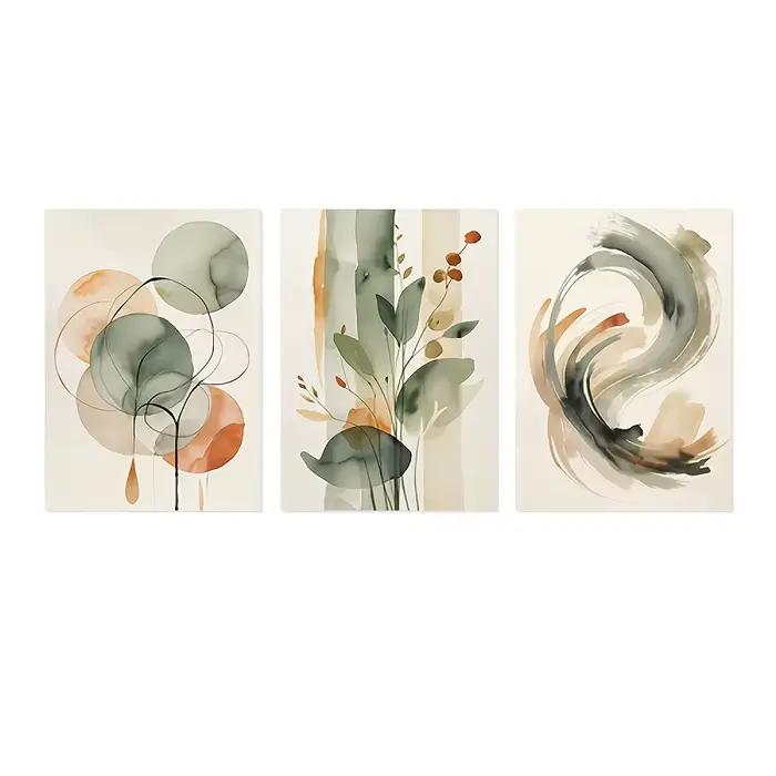 Lot de 3 tableaux muraux sans cadre, beige et vert sauge, art abstrait aquarelle, impressions végéta