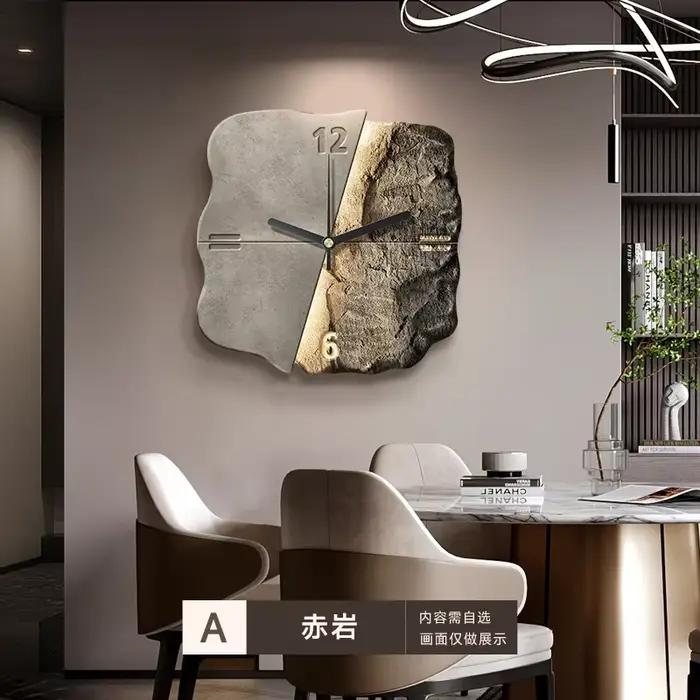 Horloge murale suspendue de luxe légère pour restaurant, décoration créative abstraite en grès tridi