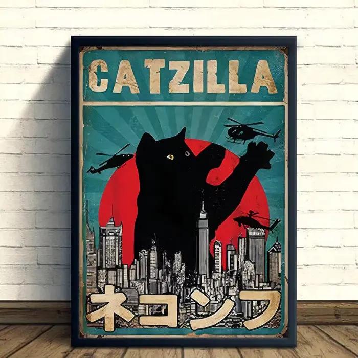 Affiche Catzilla, toile décorative murale Catzilla, toile illustrée Monstre Chat, affiche paysage ur
