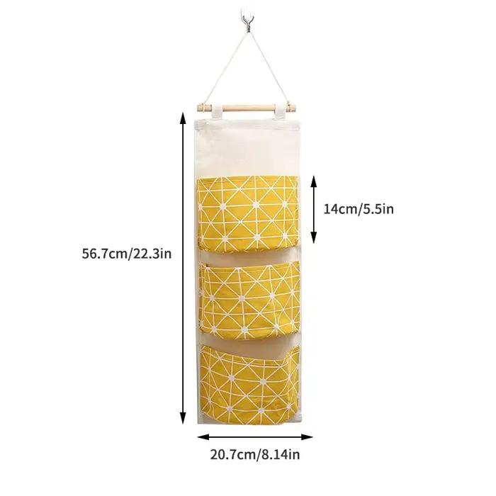 Sac de rangement mural suspendu à trois poches, sac de rangement en coton et lin pour chambre à couc