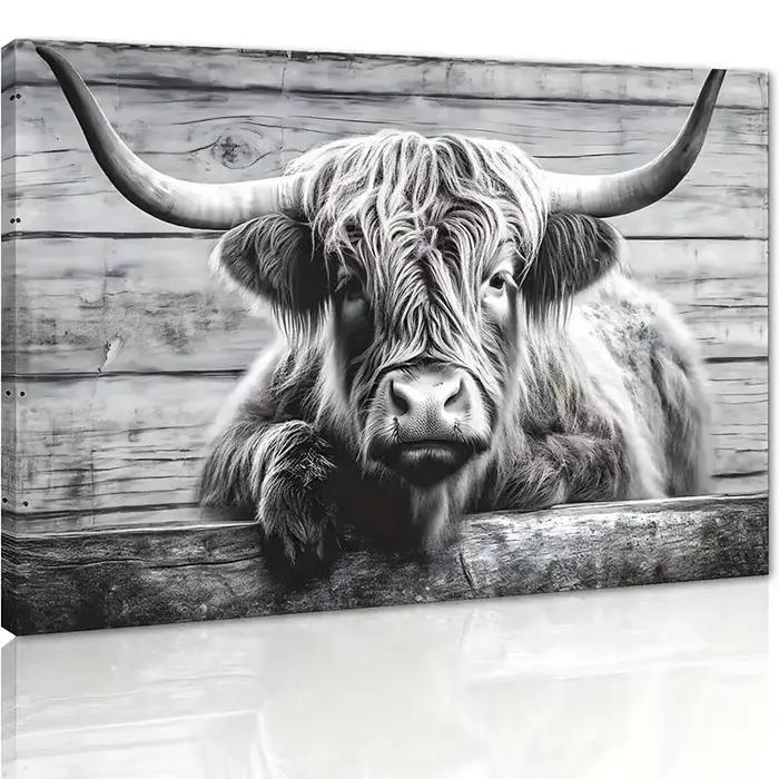 Panneau en bois vintage avec vache noire et blanche, art mural mignon Highland, pâturage, vache à pr