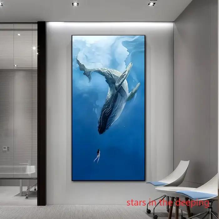 Affiche d'art abstraite avec un animal, une baleine et une fille bleue dans les vagues de l'océan pr