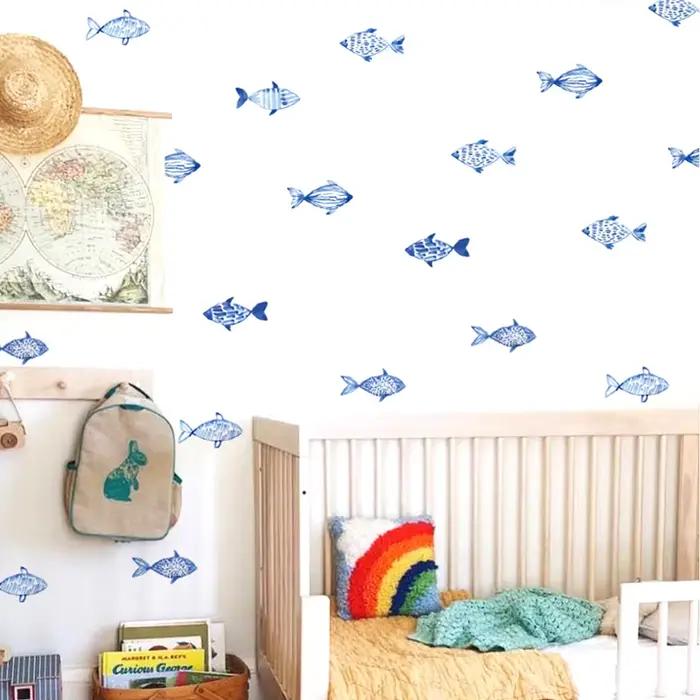 Autocollants muraux de poisson aquarelle dessinés à la main, autocollant mural imperméable à décolle