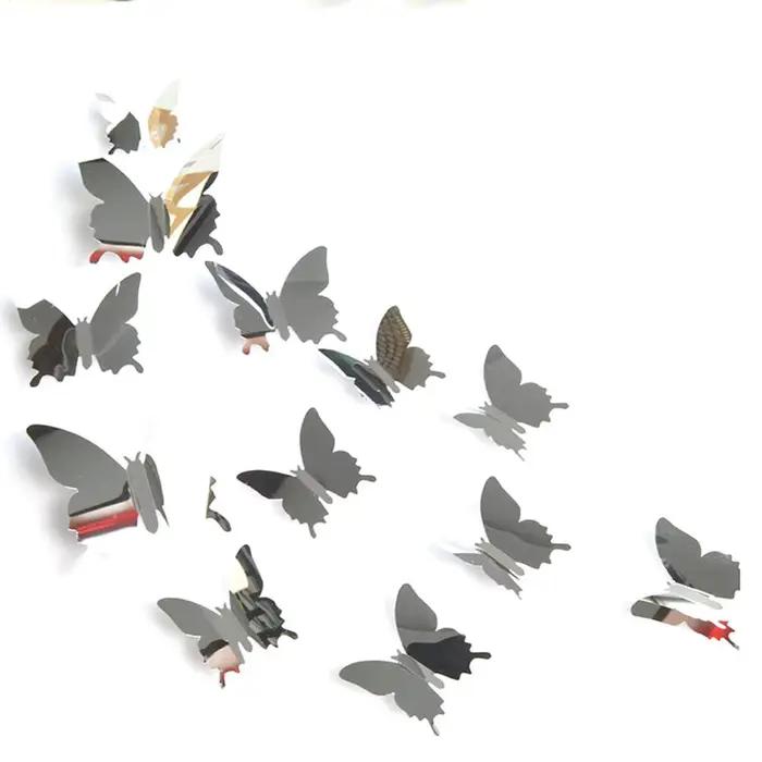 Autocollant mural miroir papillon 3D, 12 pièces/lot, décalcomanie, art parfait, décoration de mariag