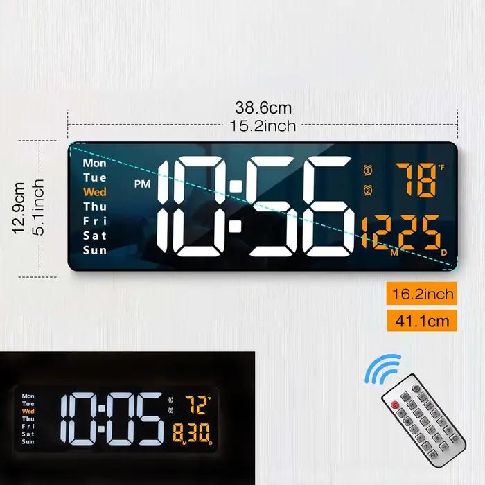 Grande horloge murale numérique 16.2 pouces, avec télécommande, grand LED/double alarme/8 couleurs r
