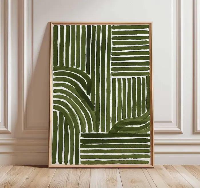 Impression d'art au trait abstrait vert – Affiche géométrique minimaliste moderne, décoration murale