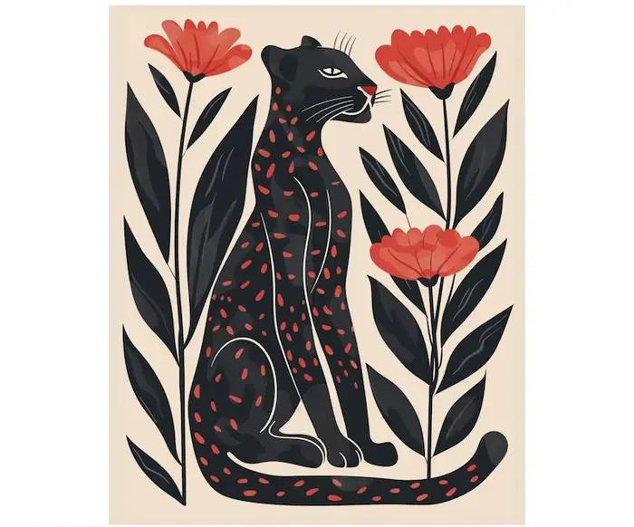 Impression d'art mural léopard bohème, plante minimaliste, affiche en toile d'animal, chat noir mode