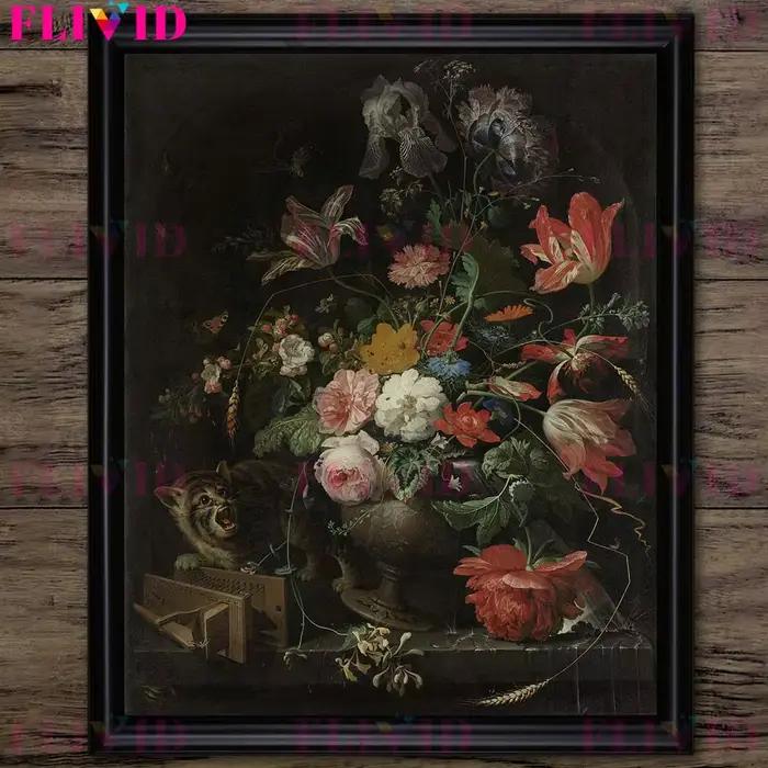 Affiche d'art de bouquet de fruits et de panier de fleurs d'époque victorienne, impression murale de