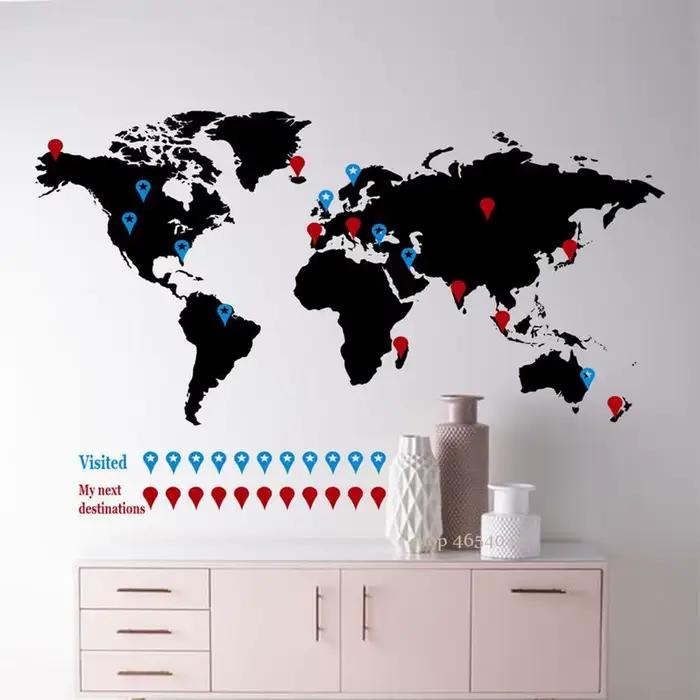 Grande carte du monde autocollant mural, décalcomanies murales de voyage, décor de chambre à coucher