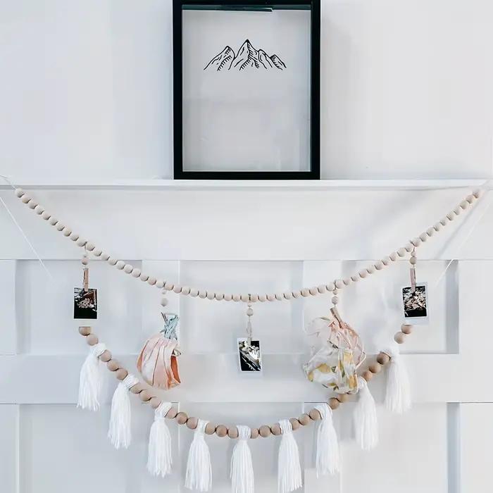 Boho Original bois suspendu Photo affichage pince en bois perle guirlande tenture murale chambre sal