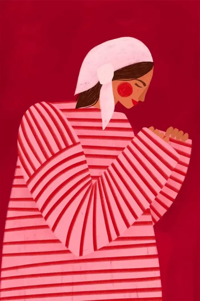 Affiche d'illustration de portrait de femme minimaliste, peinture sur toile moderne de fille rayée c