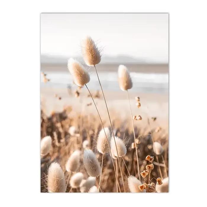 Affiche murale en toile avec roseaux de coucher de soleil, herbe, oiseau, fleur, plante, imprimés à 