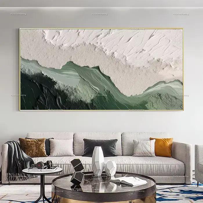 Grande peinture à l'huile spéciale peinte à la main, verte et beige, texture moderne, toile épaisse,