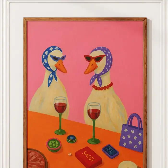 Impression d'art de fête de vin de canard, affiche d'animal original, art mural rétro avec canards e