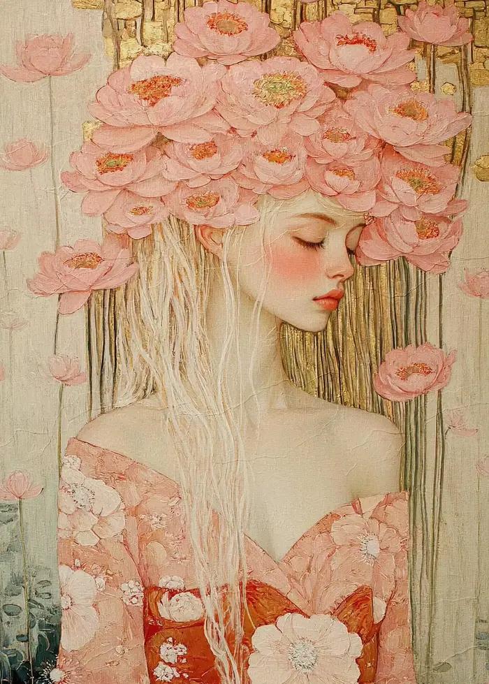 Affiche de femme de beauté avec couronne de pivoine, fleur de Lotus, impression artistique, Portrait