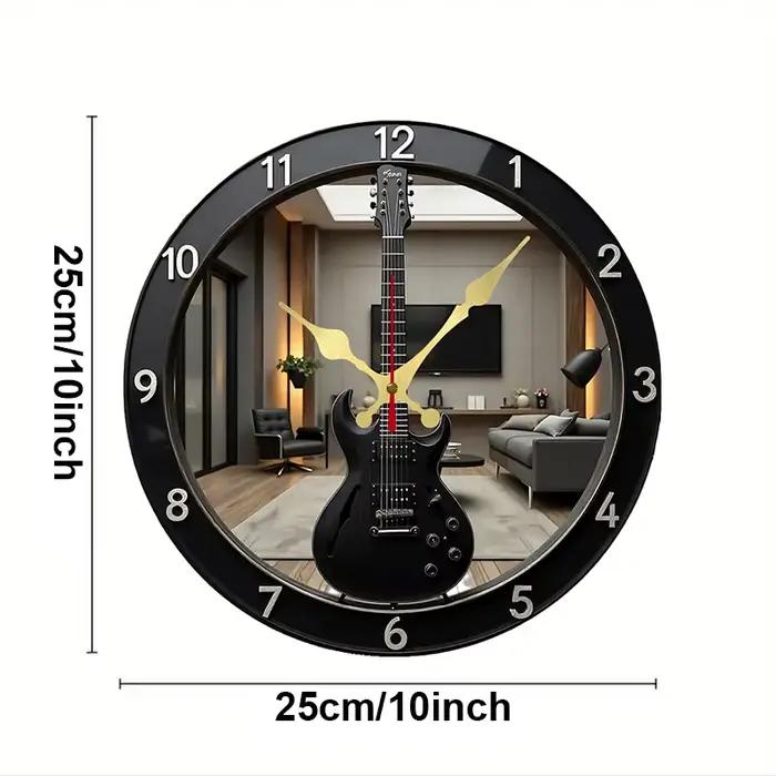 Horloge murale suspendue silencieuse ronde en bois en forme de guitare électrique plate 2D, pour sal