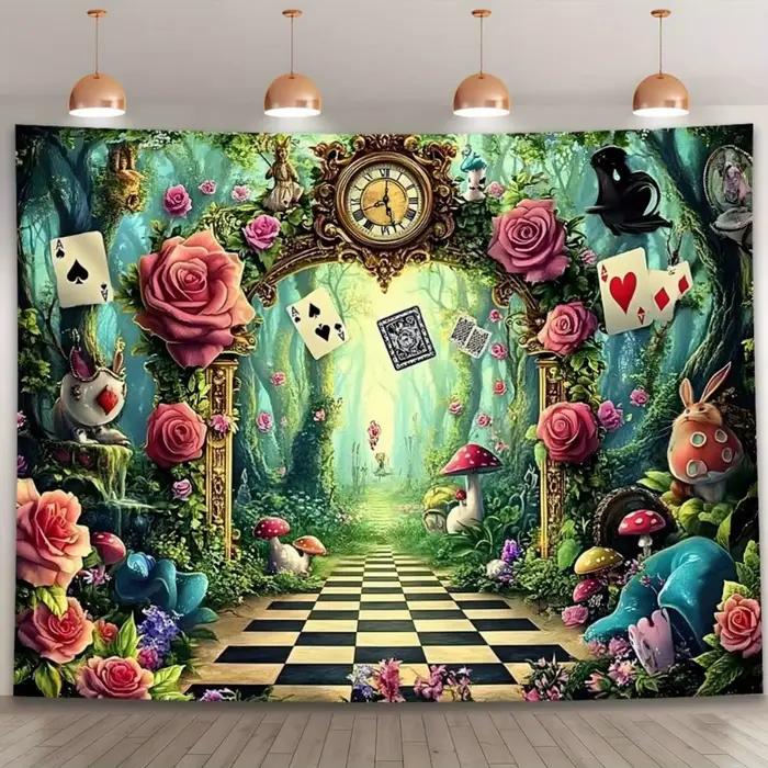 Tapisserie murale Alice au pays des merveilles, décoration de jardin de forêt fantastique, chemin de