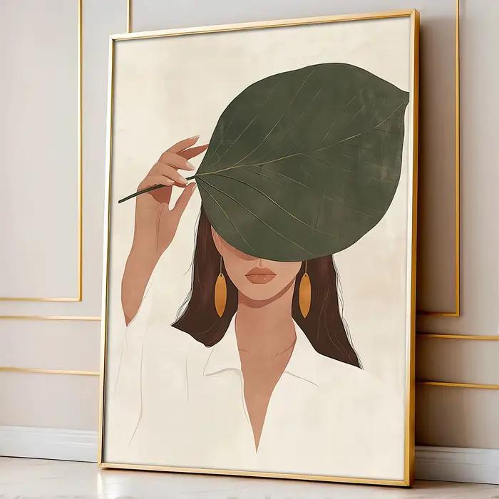Affiche sur toile « Femme cachant son visage avec des feuilles », impression d'art abstrait minimali