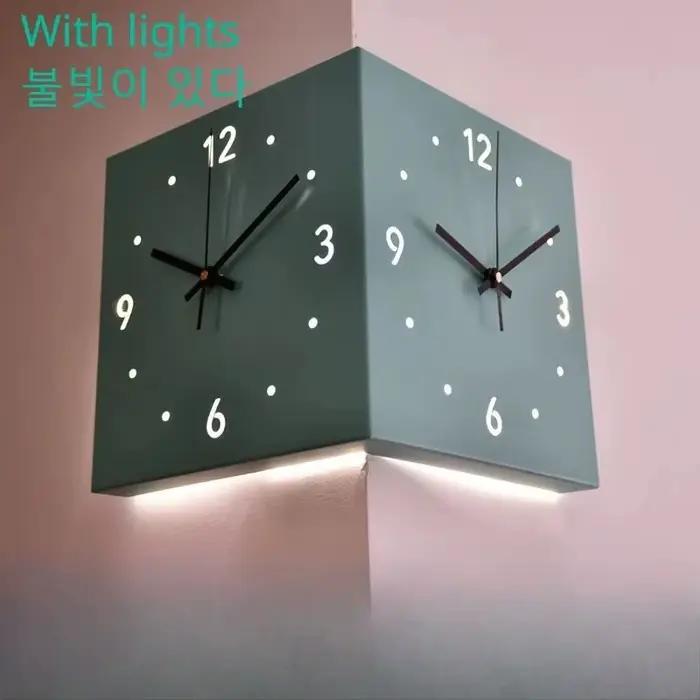 Horloge murale d'angle double face, art décoratif moderne avec capteur lumineux pour la décoration d