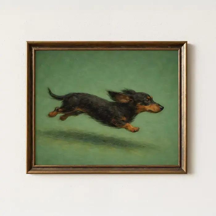 Tableau sur toile style classique 'Dachshund en pleine sautée' - Chien dynamique noir et brun - Impr