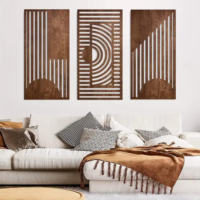 Lot de 3 décorations murales géométriques en bois, ensemble d'art mural minimaliste en bois sculpté,