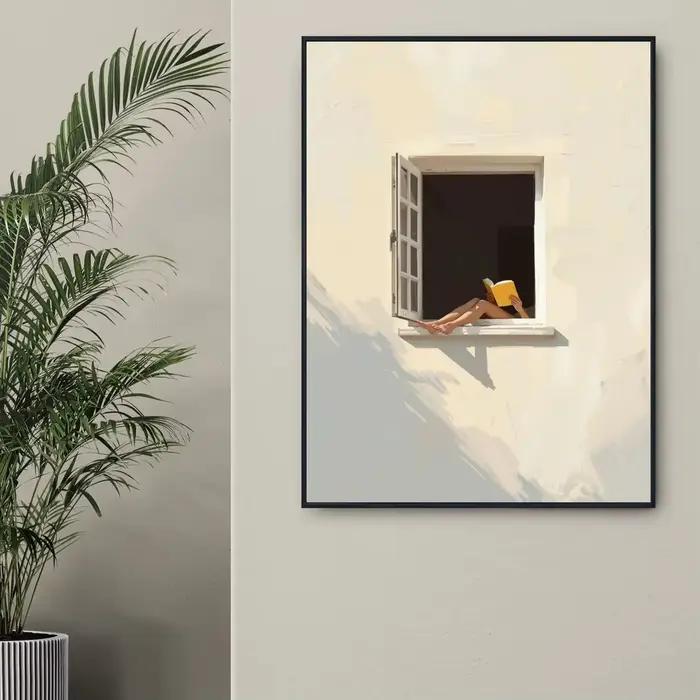 Affiche murale minimaliste fenêtre, impression sur toile fenêtre d'été calme, tableau mural pour les