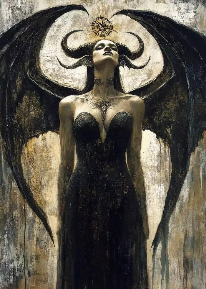Belle déesse à cornes imprimée d'art Lilith, dieu féminin Sexy avec ailes de Dragon noir, décor de p
