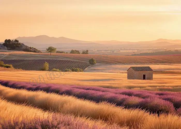 AZNM Affiche sur toile Paysage moderne du coucher de soleil à la Provence, lavande, village rustique