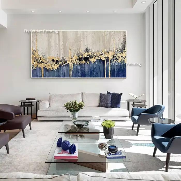 Toile moderne peinte à la main en feuille d'or bleue et Beige, grande peinture à l'huile abstraite b