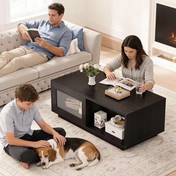 Table basse noire, table basse moderne pour salon, tables basses rectangulaires avec porte coulissan