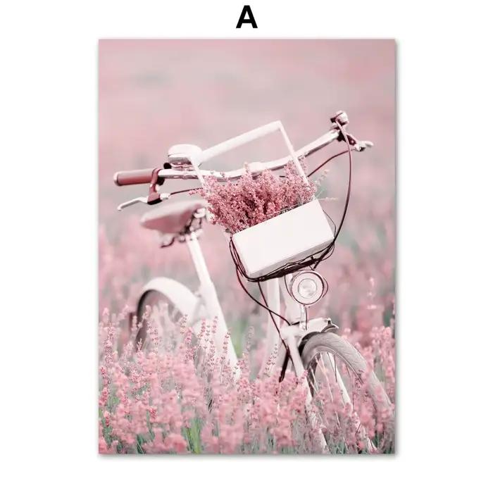 Toile imprimée d'art mural de vélo, pivoine rose, fleur de cerisier, affiches de peinture pour salon