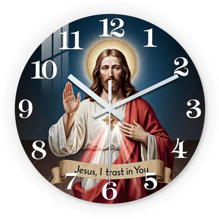Horloge murale en bois bleu profond avec motif du Sacré-Cœur de Jésus, horloges murales silencieuses