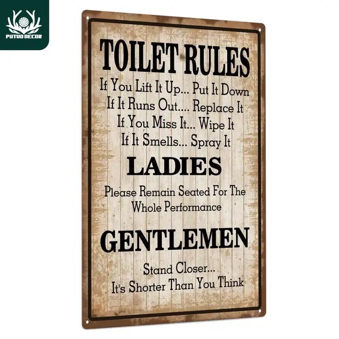 Putuo Decor-Plaque décorative vintage en métal, règles des toilettes, affiche murale en fer, peintur