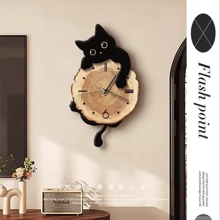 Horloge murale créative en forme de chat, dessin animé, queue de chat, balançoire, Quartz, muette, d