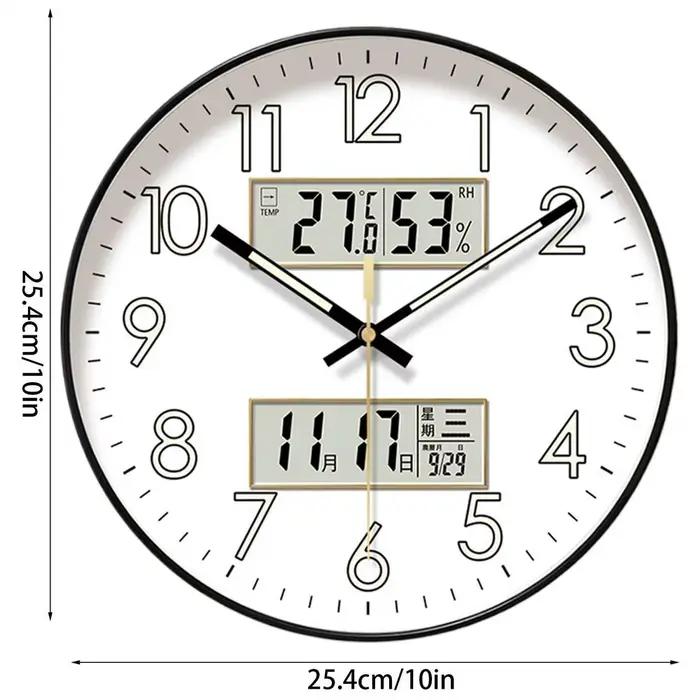 Horloge murale ronde sans tic-tac, brille dans la nuit, décoration de maison, avec calendrier, grand