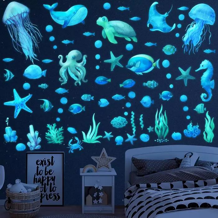 Autocollants muraux lumineux sous la mer, animaux marins, autocollants muraux amovibles, imperméable