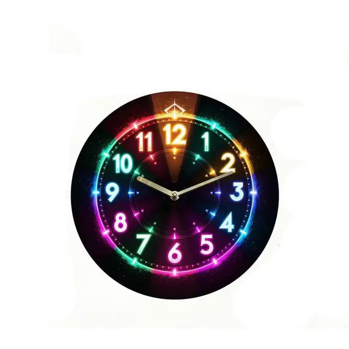 Horloge murale plate 2D créative, horloge ronde silencieuse en bois, horloge numérique LED, affichag