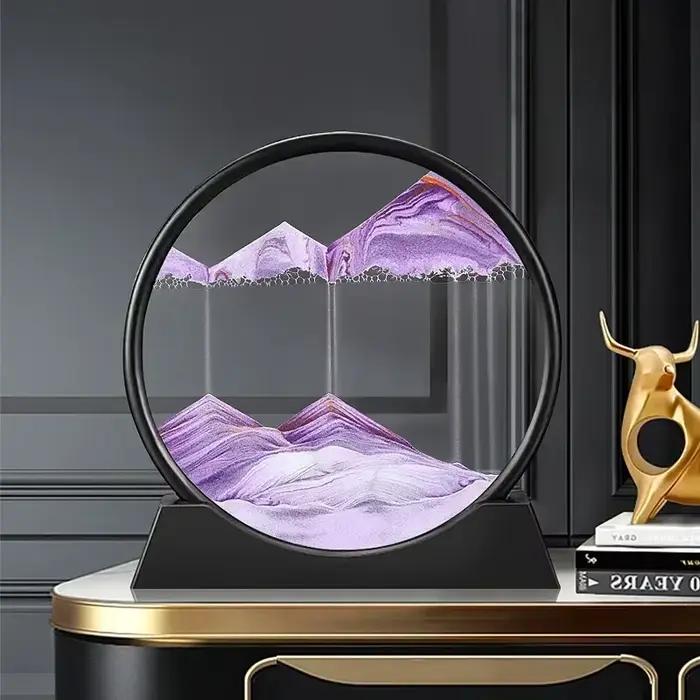 Tableau d'art en sable mouvant 3D rond en verre, Paysage marin profond, Sablier, Artisanat de sable 