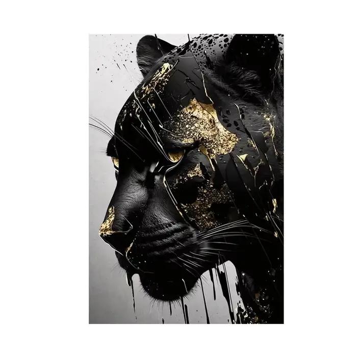 Affiches et imprimés d'art mural abstrait panthère noire et dorée, peinture sur toile, images murale