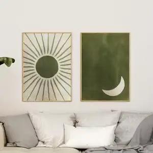 Abstraction d'art mural vert sauge, art mural vert olive, soleil et lune, un ensemble de 2 impressio