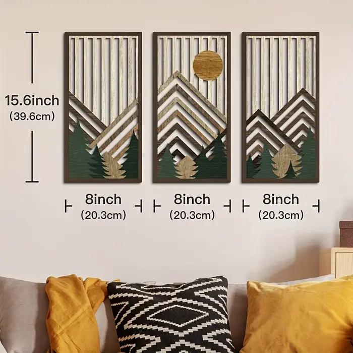 Décoration murale plate rétro en bois 2D, 3 pièces, éléments solaires en pin, style maison, salon, c