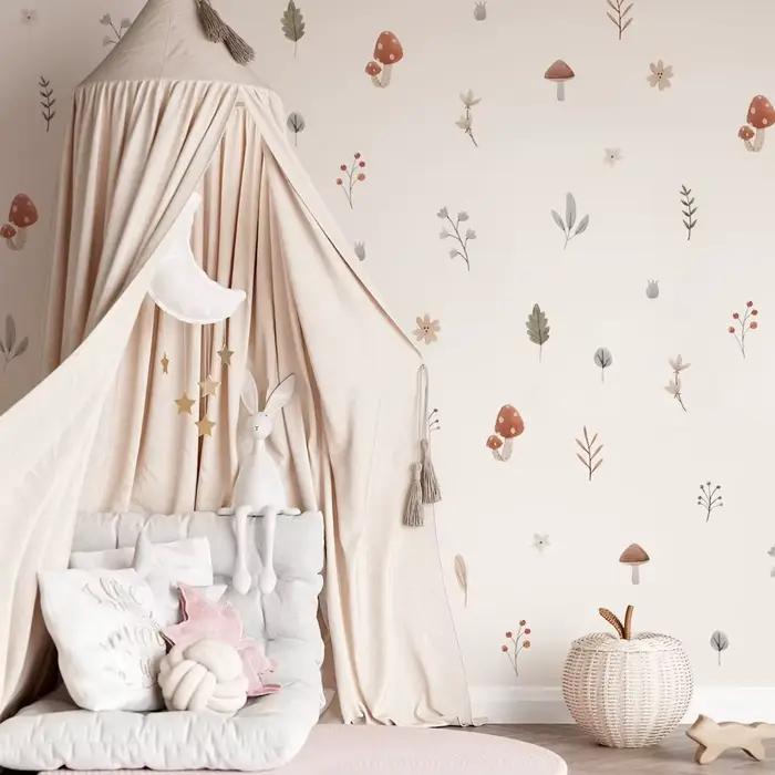 Boho dessin animé motif champignon feuilles pépinière stickers muraux amovible bricolage vinyle auto