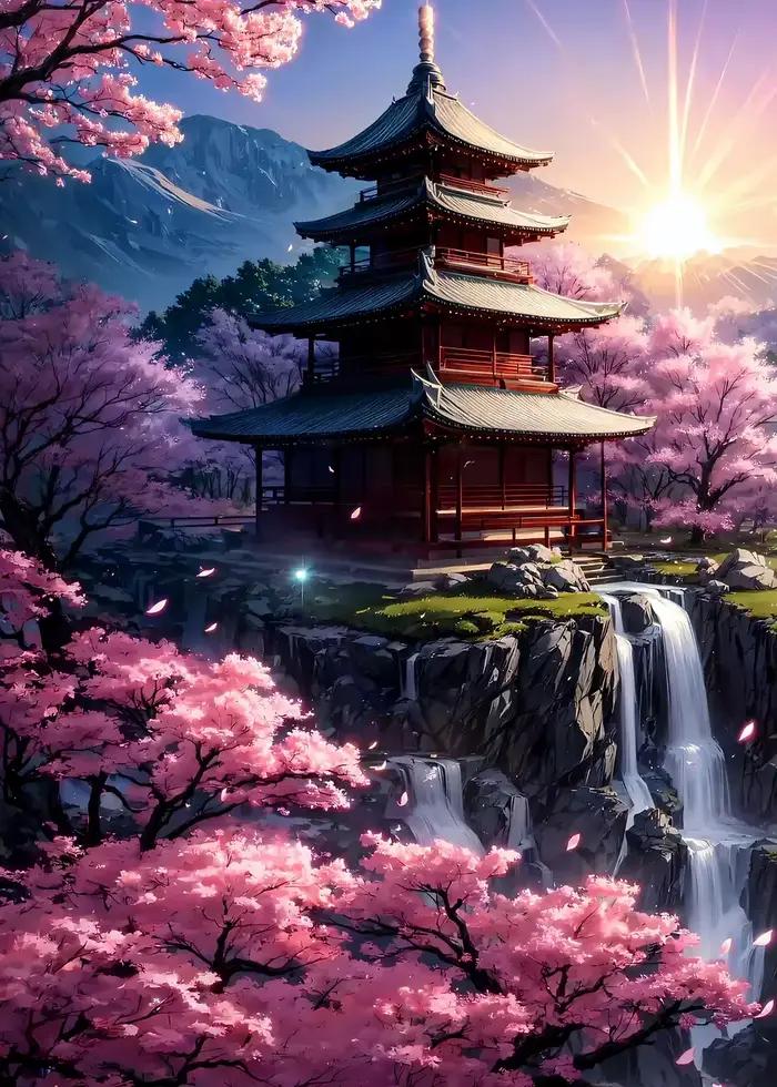 Affiche de paysage japonais en fleurs de cerisier Fuji, coucher de soleil de montagne, Tokyo, peintu