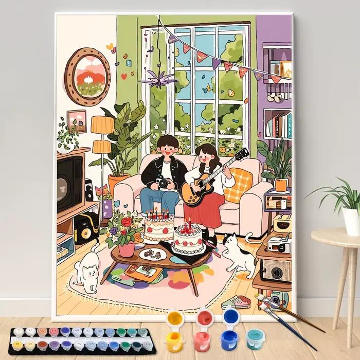 Peinture par numéros 40x50cm, kits deux personnes et deux chats dans une pièce, tableau par numéros 