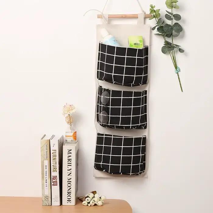 Sac de rangement mural suspendu à trois poches, sac de rangement en coton et lin pour chambre à couc