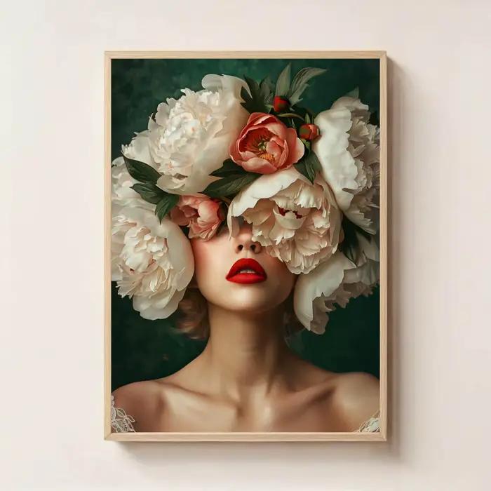 Déesse du printemps femme féminine élégante minimaliste rétro fleur couronne de tête affiche toile p