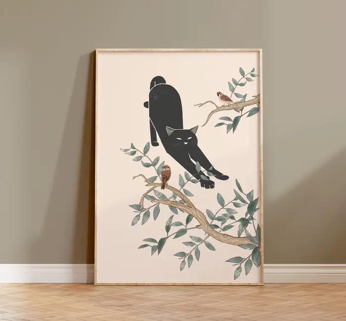 Affiche murale imprimée chat et plante, chatons aquarelle, peinture sur toile de chat mignon et tran